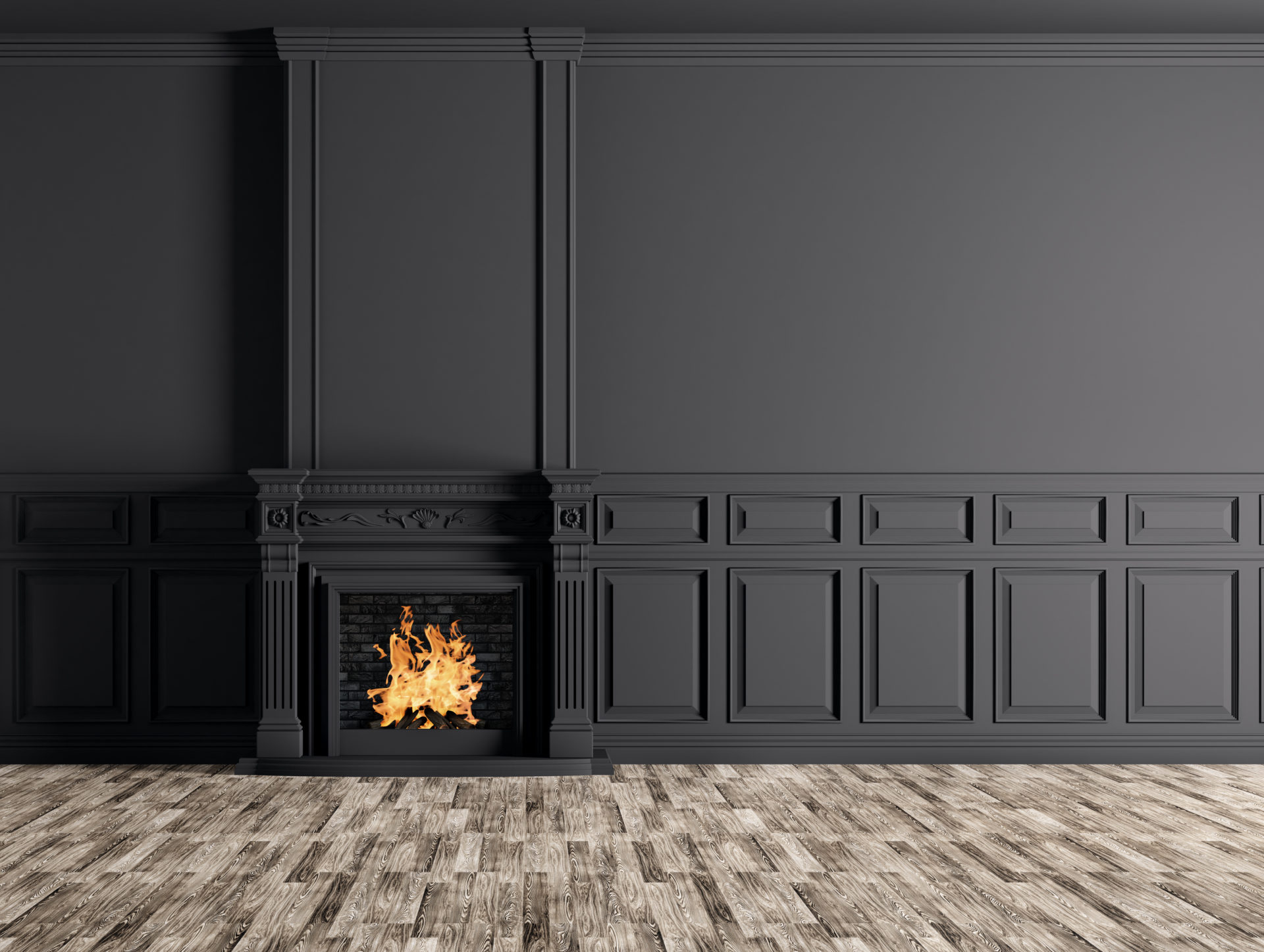 Empty Classic Interior Of A Room With Fireplace Over Black Wall
